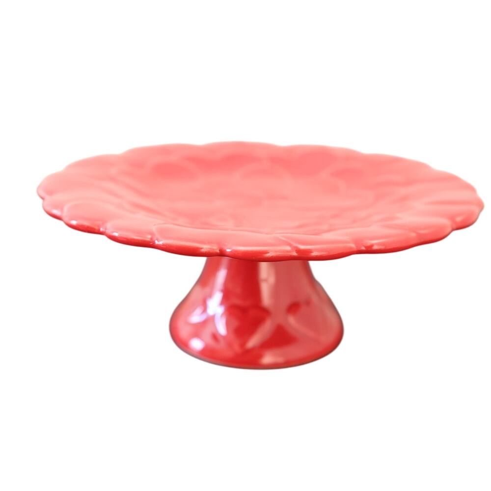 Sur La Table Red Embossed Hearts Cake Stand 8.5" Ceramic Portugal Valentines Day